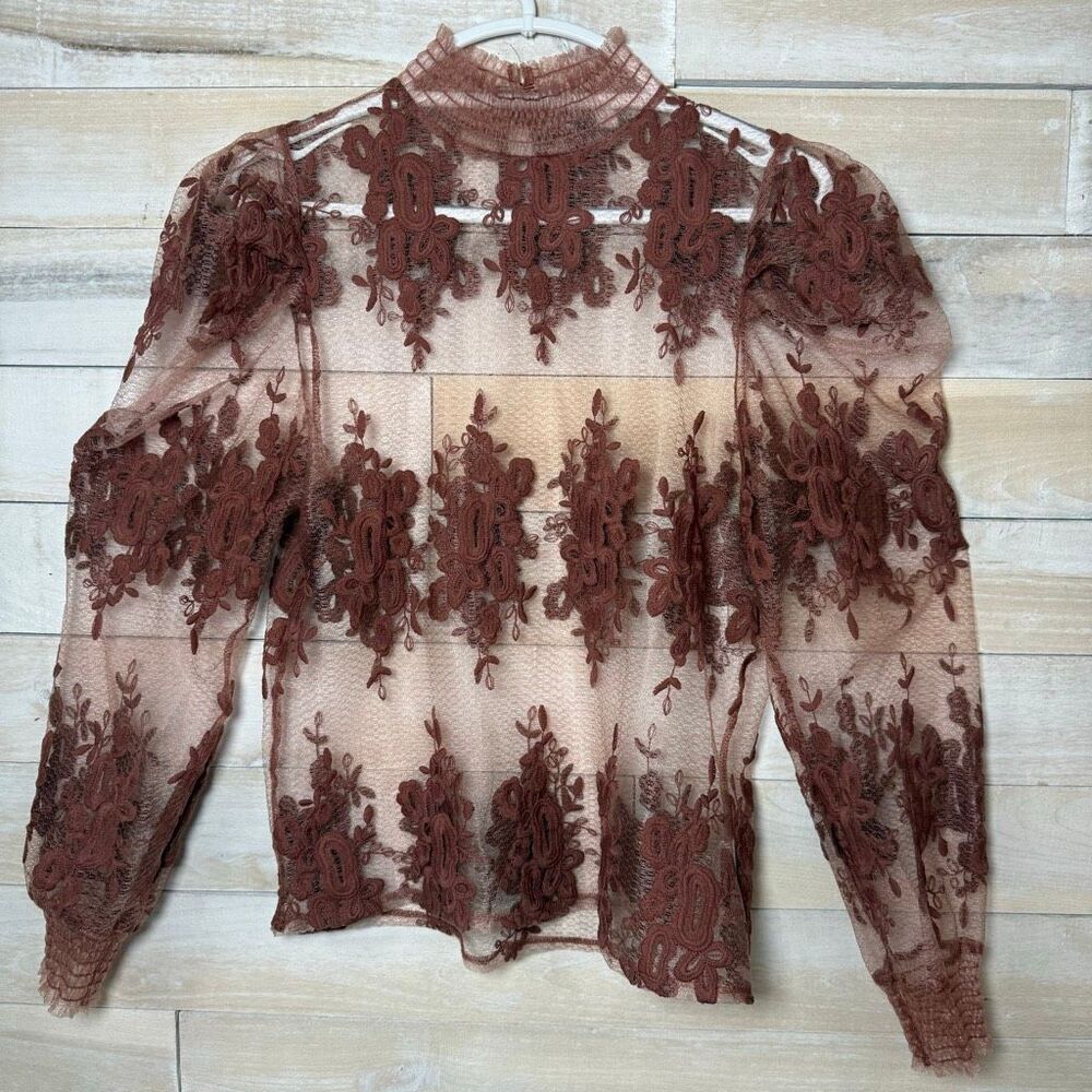 Haute Monde Sheer Brown Embroidered Puff Sleeve Mock Neck Top Size Medium - Picture 2 of 8